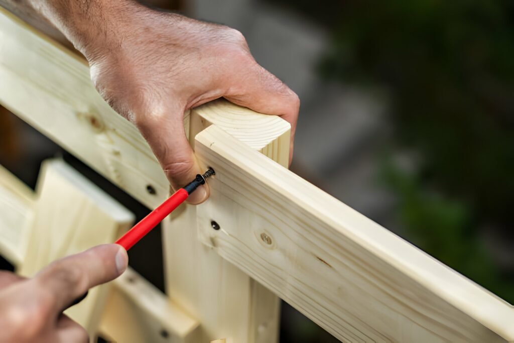 A person uses a red tool to secure a wooden fence during the fence installation process.