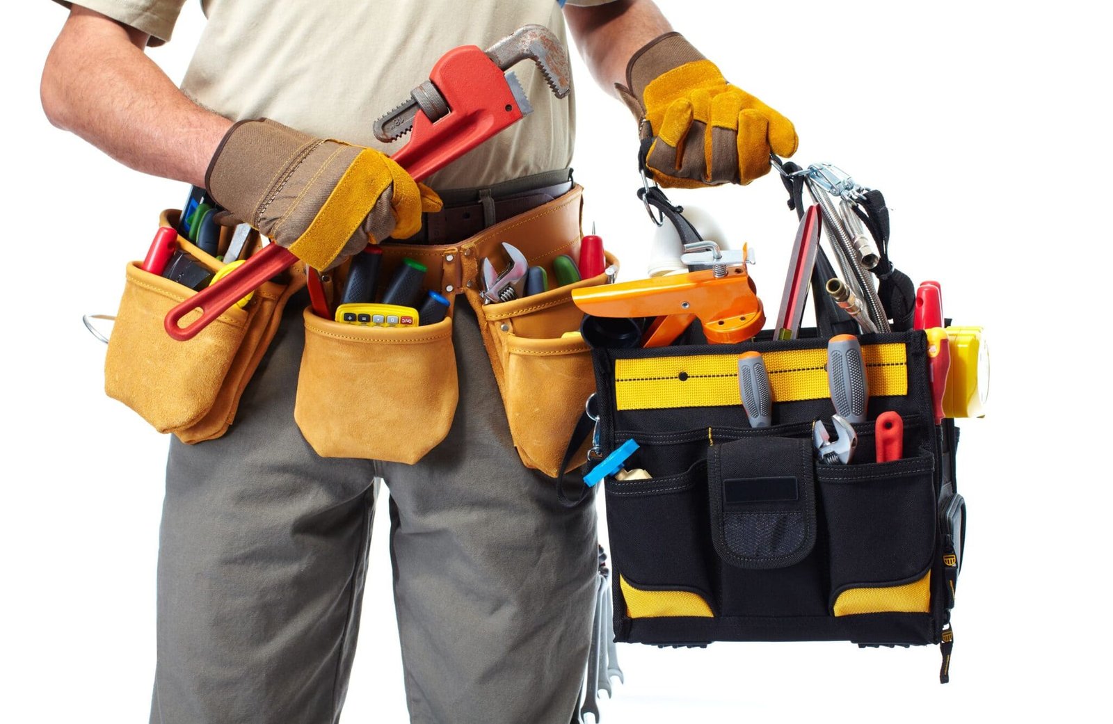 A man in work attire holding a tool belt filled with various tools, representing a handyman service.
