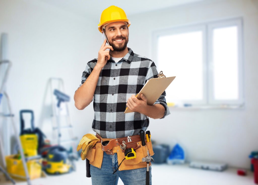 A man in a hard hat and plaid shirt holds a clipboard while talking on the phone, representing a handyman service.