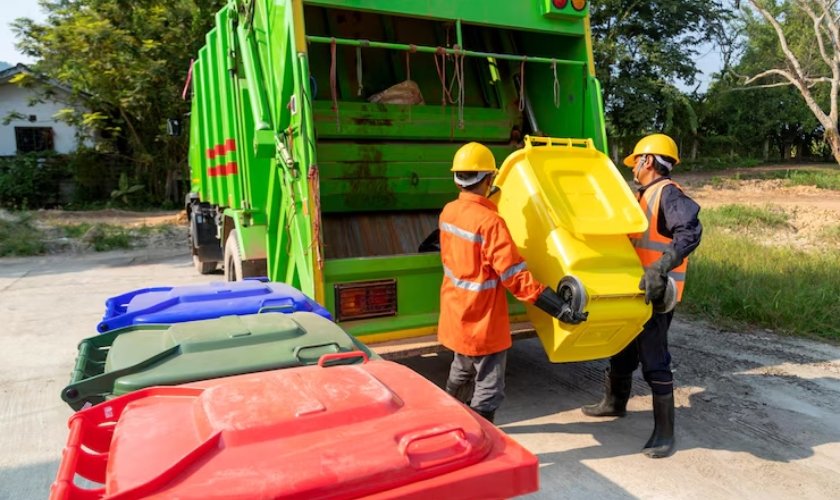 Two men in orange safety gear loading trash into a green truck for trash removal.